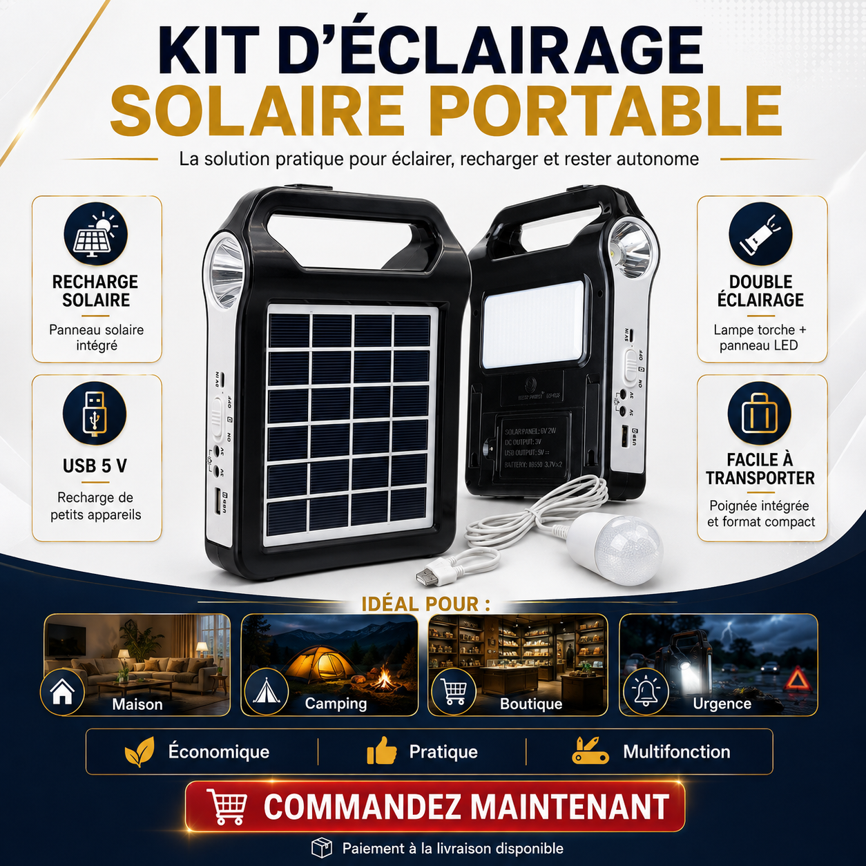 KIT D’ÉCLAIRAGE SOLAIRE PORTABLE MULTIFONCTION (BF)
