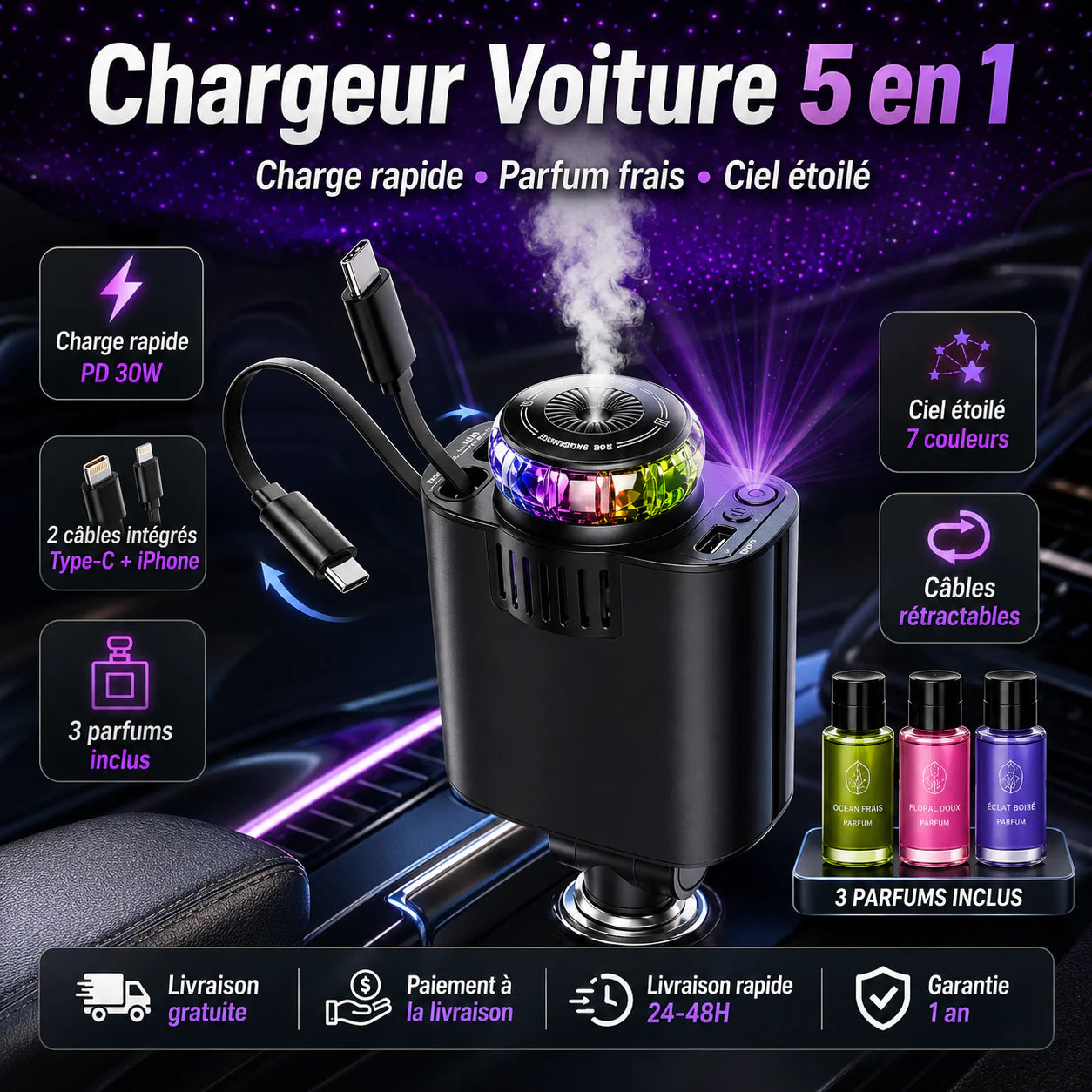 Chargeur Voiture 5-en-1 Ultra Rapide, Parfum Frais & Ciel Étoilé